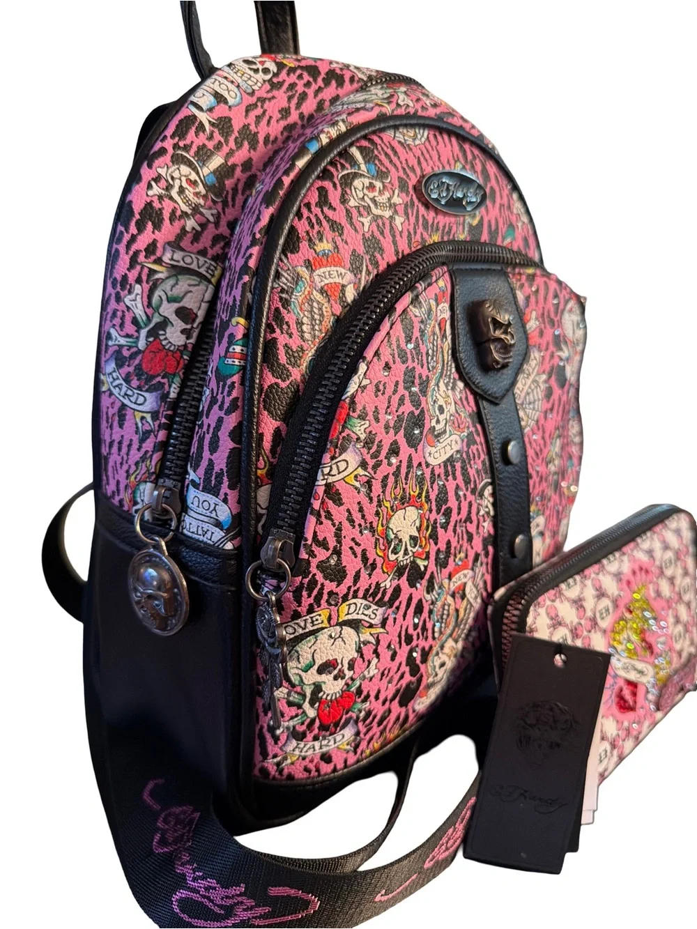 Ed Hardy NWT Pink Leopard Skull Tattoo Mini Backpack & Matching Wallet (P246)